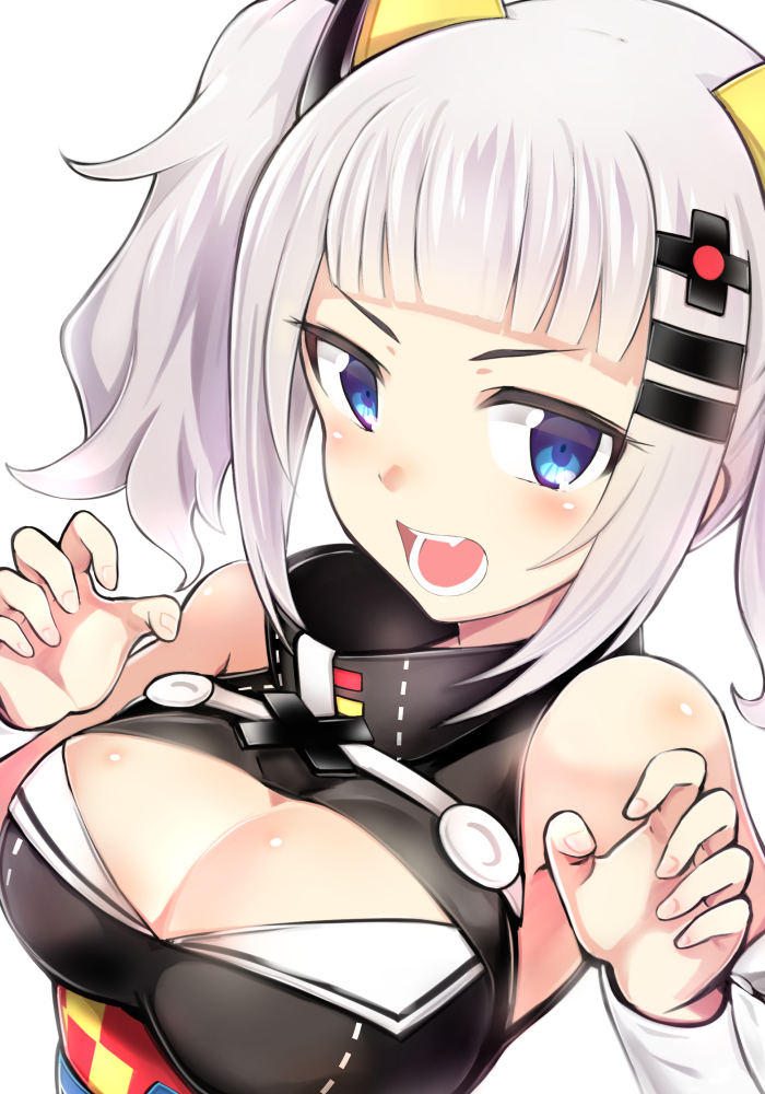 1girl blue_eyes breasts claw_pose cleavage cleavage_cutout hair_ornament kaguya_luna kaguya_luna_(character) looking_at_viewer medium_breasts obi open_mouth p_book ribbon sash short_hair silver_hair simple_background sleeveless solo twintails upper_body virtual_youtuber white_background white_ribbon wrist_ribbon x_hair_ornament