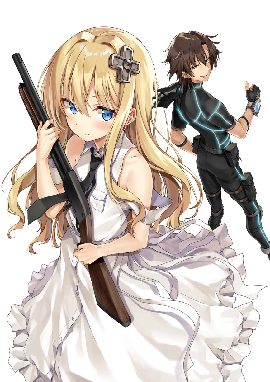 1boy 1girl bare_shoulders black_neckwear blonde_hair blue_eyes blush breasts brown_hair commentary_request dress eyebrows_visible_through_hair gun hair_between_eyes hair_ornament hairclip highres holding holding_gun holding_weapon kakao_rantan long_hair looking_at_another looking_at_viewer looking_back original smile thumbs_up weapon white_dress