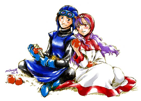 1girl a&#65309;ra&#12539;o a?ra?o apple blush couple dragon_quest dragon_quest_ii dress food fruit gloves hood knife long_hair prince_of_lorasia princess_of_moonbrook purple_hair red_eyes