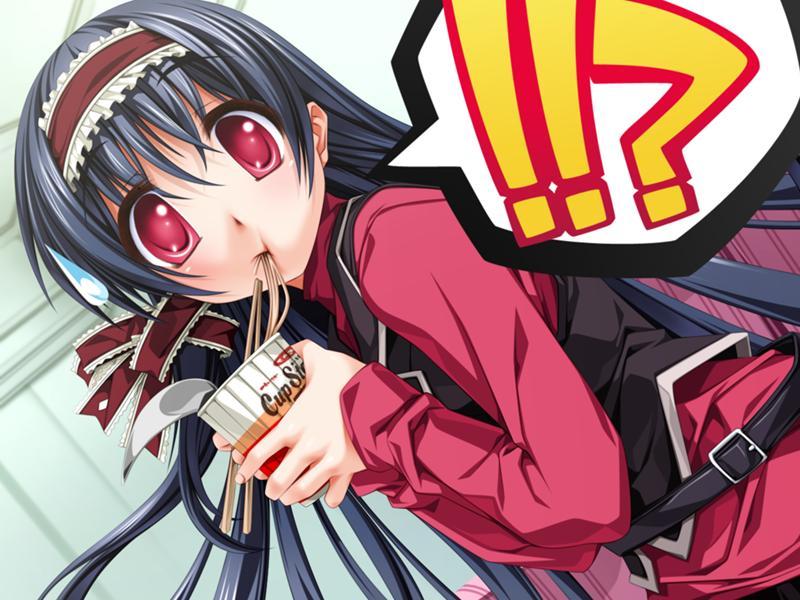 belt black_hair cup_ramen dutch_angle eating food game_cg hairband like_a_butler long_hair mihoshi_sarasa ramen red_eyes senomoto_hisashi solo surprised