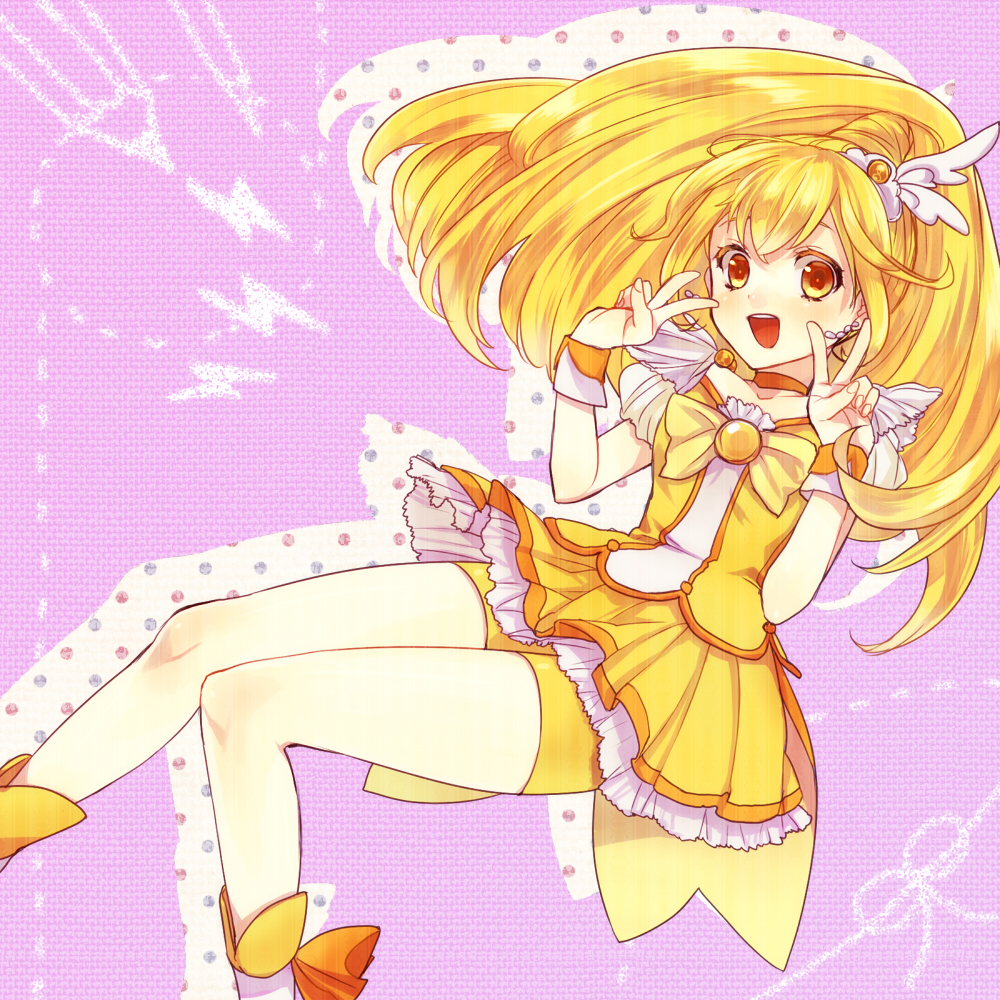 1girl :d bike_shorts blonde_hair cure_peace double_v kise_yayoi long_hair magical_girl open_mouth orange_eyes precure purple_background rinhachi shadow shorts_under_skirt smile smile_precure! solo v yellow_bike_shorts yellow_eyes