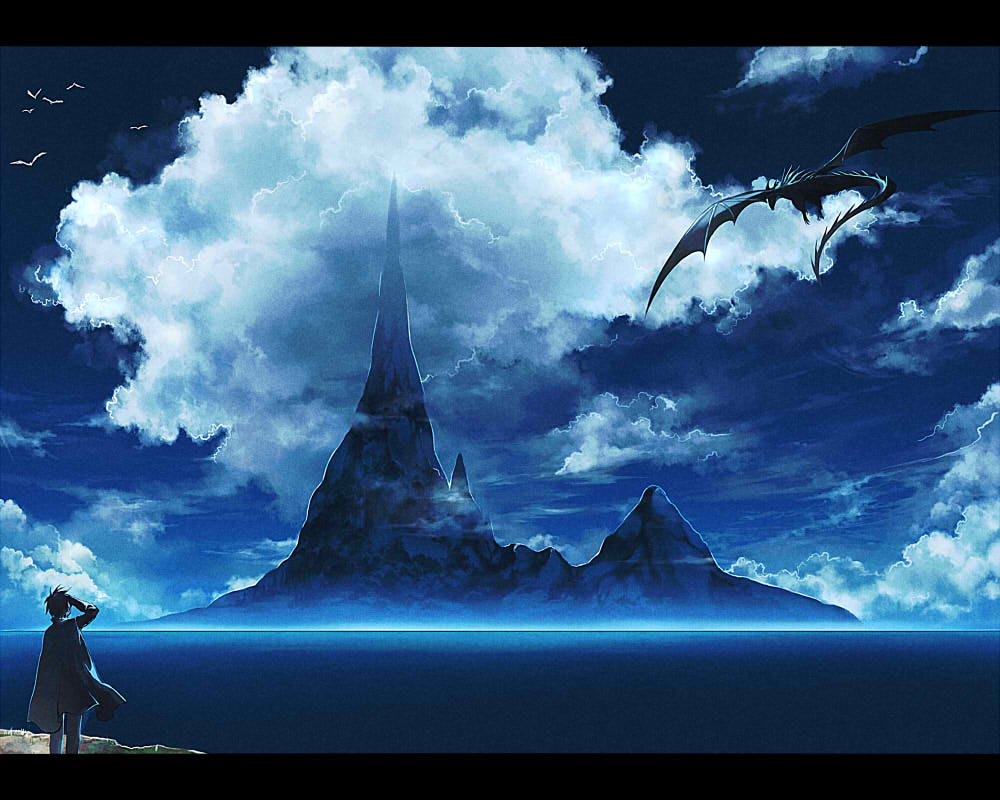 cloak cloud clouds dragon fantasy flying island letterboxed mountain original peak ryou_(kimagure) ryou_(pixiv47138) scenery sky solo standing water