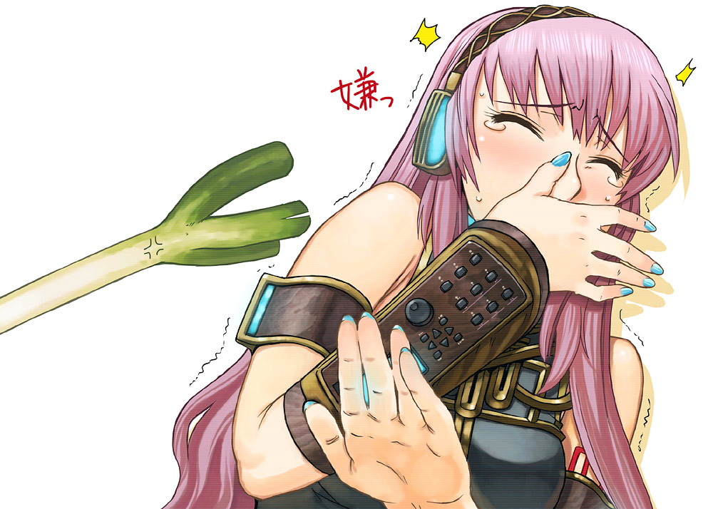 bust covering_mouth face fingernails hands headset itou_(onsoku_tassha) long_hair megurine_luka nail_polish pink_hair spring_onion tears translated vocaloid