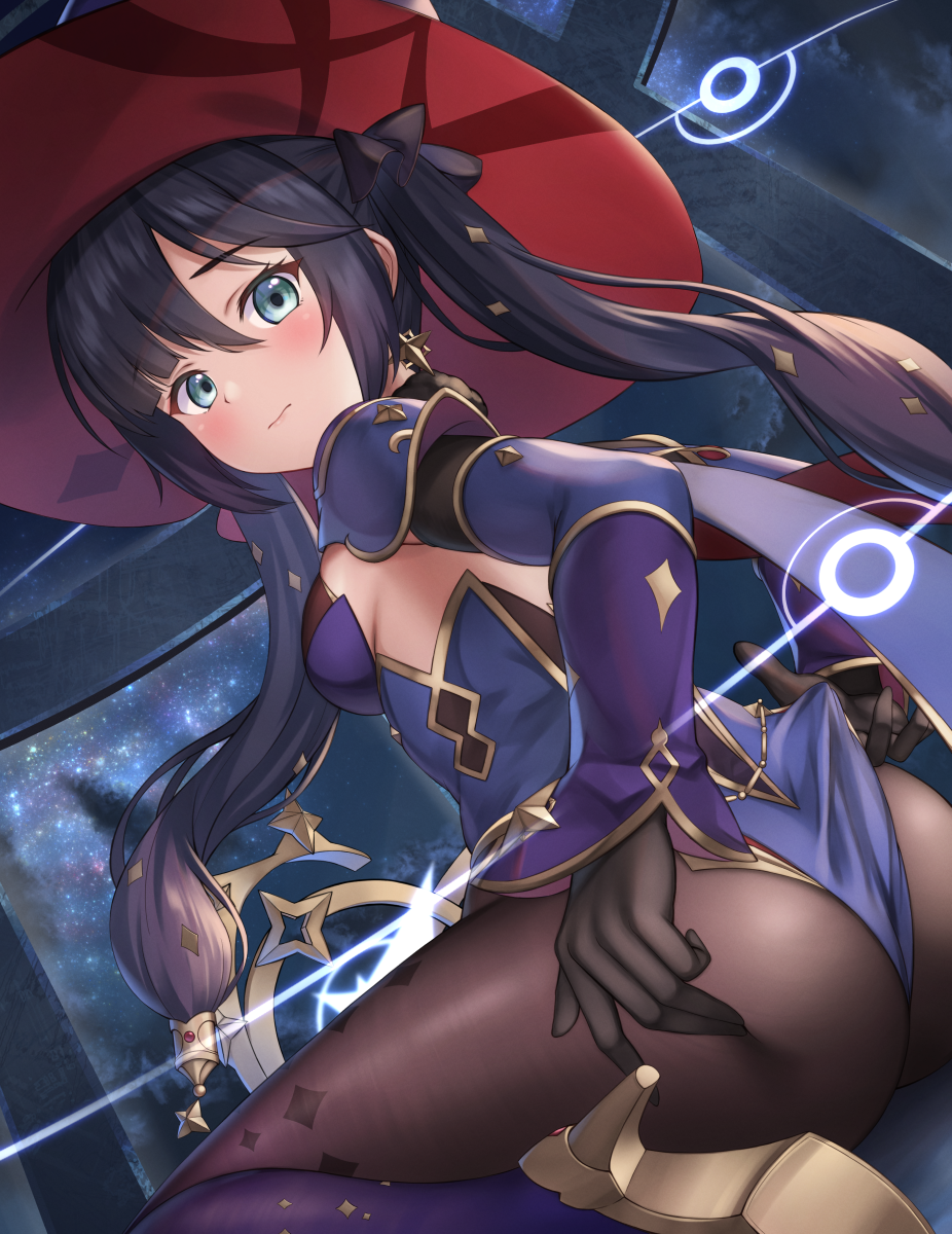 1girl 3: ass black_gloves black_hair blue_eyes blue_leotard breasts brown_legwear cape closed_mouth detached_sleeves from_behind genshin_impact gloves gold_trim gradient gradient_legwear hat high_heels highres leotard long_hair long_sleeves looking_at_viewer looking_back mona_megistus pantyhose sitting small_breasts solo twintails wariza witch_hat yuririn_poi