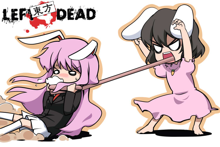 arms_up barefoot black_hair blazer bunny_ears carrot dress foam foaming_at_the_mouth inaba_tewi left4dead left_4_dead long_tongue necktie o_o parody pink_dress purple_hair rabbit_ears reisen_udongein_inaba short_hair skirt smoker_(left4dead) socks tongue touhou youkan