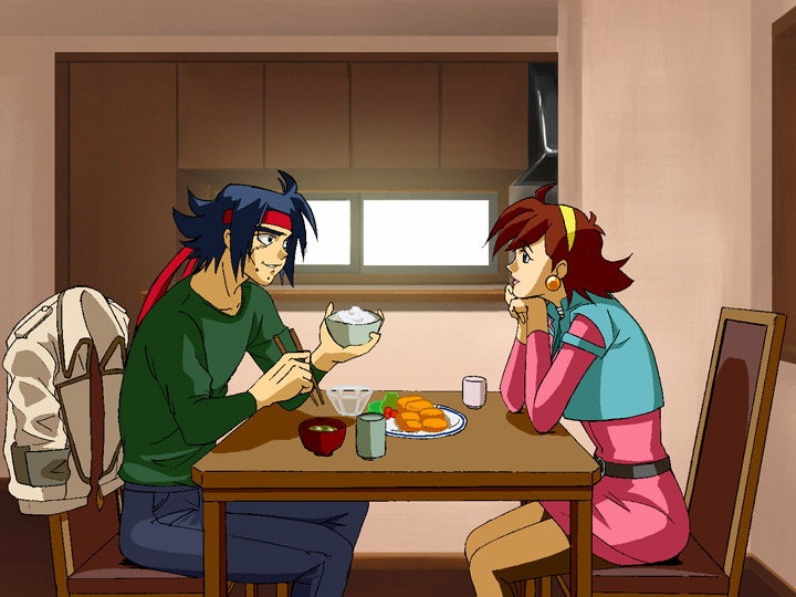 1girl blue_eyes bowl brown_hair chair chopsticks couple crabg domon_kasshu earrings food g_gundam gundam hairband headband jacket jewelry lipstick rain_mikamura short_hair table