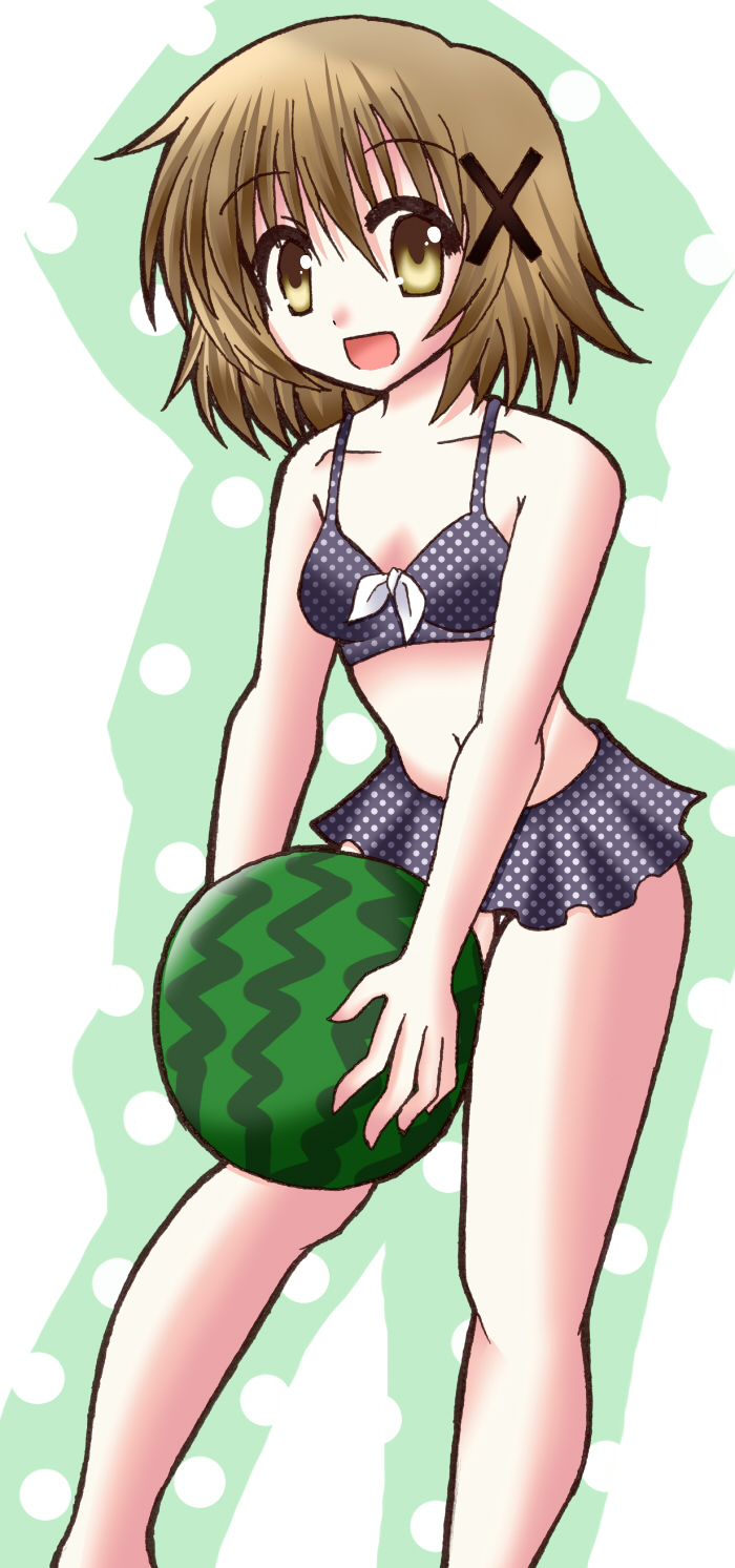 bikini brown_eyes brown_hair food fruit hidamari_sketch highres holding holding_fruit polka_dot polka_dot_swimsuit short_hair swimsuit urara_(sumairuclover) watermelon yuno