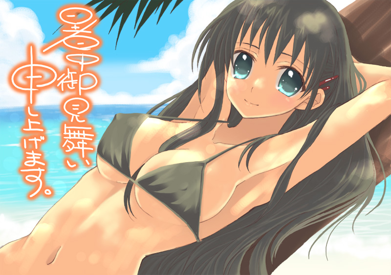 armpits arms_up bad_id beach between_breasts bikini black_hair blue_eyes breasts cleavage erect_nipples hair_ornament hairclip long_hair lying navel ocean original sakurai_unan sky smile solo swimsuit under_boob underboob water