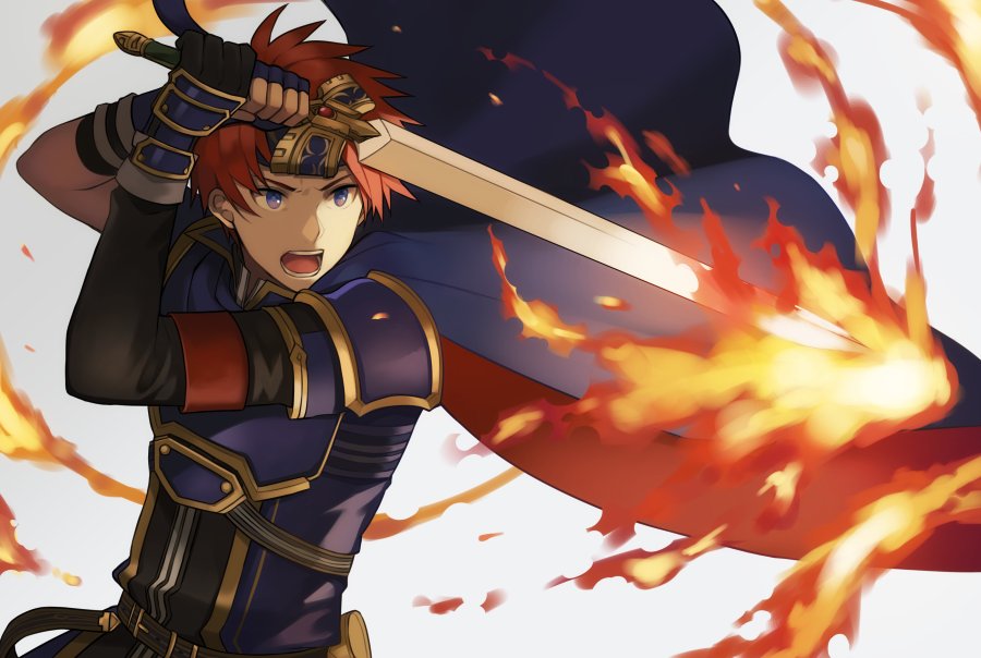 1boy armor aym_(ash3ash3ash) blue_armor blue_eyes cape fire fire_emblem fire_emblem:_fuuin_no_tsurugi gloves headband looking_at_viewer male_focus open_mouth redhead roy_(fire_emblem) short_hair simple_background sword weapon