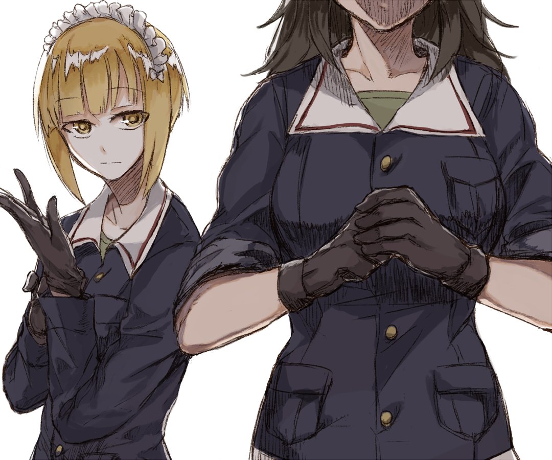 2girls :| bangs black_gloves black_hair blonde_hair blue_jacket blunt_bangs clenched_hand closed_mouth commentary cutlass_(girls_und_panzer) dixie_cup_hat eyebrows_visible_through_hair girls_und_panzer gloves green_shirt hands_together hat jacket long_hair long_sleeves looking_at_another maid_headdress military military_hat military_uniform multiple_girls murakami_(girls_und_panzer) ooarai_military_uniform shirt short_hair simple_background sleeves_rolled_up standing uniform upper_body white_background yellow_eyes yuuyu_(777)