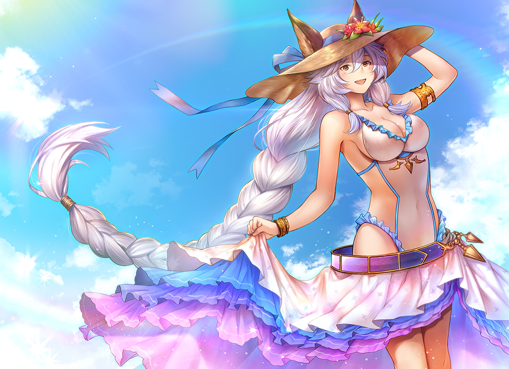 1girl animal_ears armlet artist_request bangs bare_shoulders belt blue_ribbon blue_sky blush bracelet braid breasts brown_eyes cleavage collarbone covered_navel ears_through_headwear erune flower granblue_fantasy hair_between_eyes hair_tubes hat hat_flower heles hibiscus hips jewelry large_breasts long_hair looking_at_viewer low-tied_long_hair navel open_mouth outdoors ribbon sarong sarong_lift sidelocks silver_hair single_braid sky smile solo straw_hat sun_hat sunlight swimsuit thighs very_long_hair waist white_swimsuit