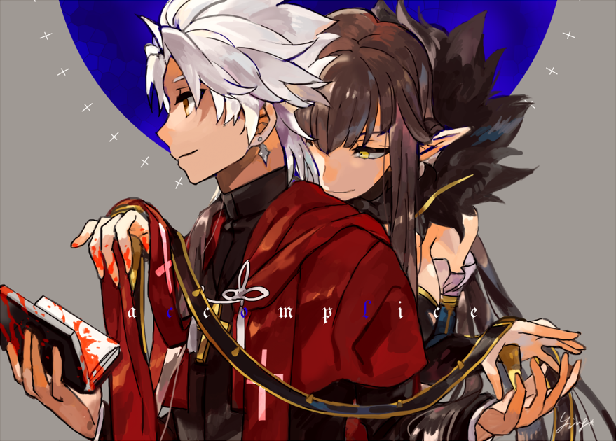 1boy 1girl amakusa_shirou_(fate) bare_shoulders behind_another black_dress black_hair black_shirt blood bloody_hands book breasts bridal_gauntlets brown_eyes cape commentary_request cross cross_necklace dark_skin detached_sleeves dress earrings fate/apocrypha fate/grand_order fate_(series) frills fur_trim jewelry large_breasts long_dress long_hair necklace open_book pointy_ears priest red_cape red_robe robe semiramis_(fate) shirt short_hair smile spikes very_long_hair white_hair yellow_eyes yinghuo