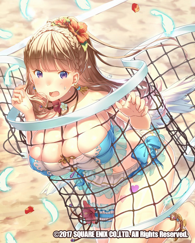 1girl :0 anklet barefoot bikini blue_bikini blue_bow bow breasts earrings flower frilled_bikini frills hair_flower hair_ornament hibiscus jewelry large_breasts long_hair necklace official_art outstretched_hand sand stuck sweatdrop swimsuit thigh_strap tomiwo venus_rumble violet_eyes volleyball volleyball_net wings