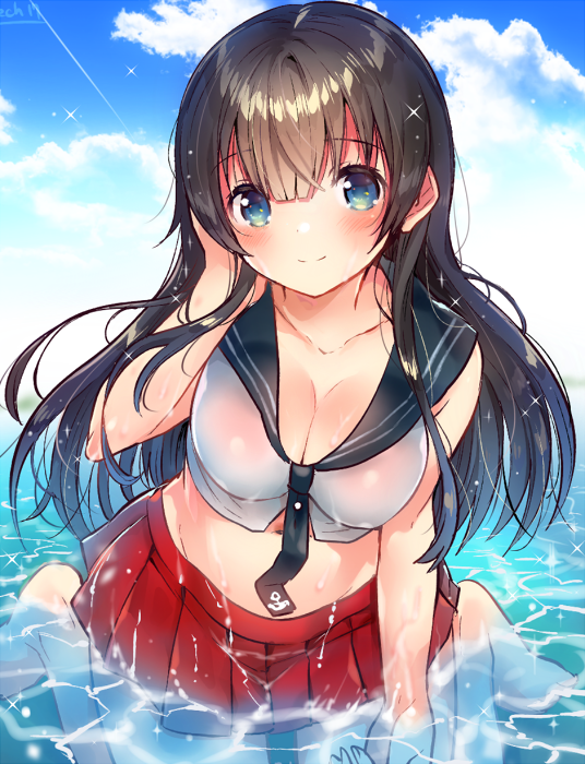 1girl agano_(kantai_collection) anchor_symbol arm_up bangs black_neckwear black_sailor_collar blue_eyes blue_sky blush breasts cleavage closed_mouth clouds cloudy_sky collarbone commentary_request crop_top day eyebrows_visible_through_hair fingernails groin hair_between_eyes hand_in_hair ichihaya in_water kantai_collection large_breasts long_hair midriff ocean outdoors pleated_skirt red_skirt sailor_collar school_uniform serafuku shirt sitting skirt sky sleeveless sleeveless_shirt smile solo very_long_hair wariza wet wet_hair white_shirt