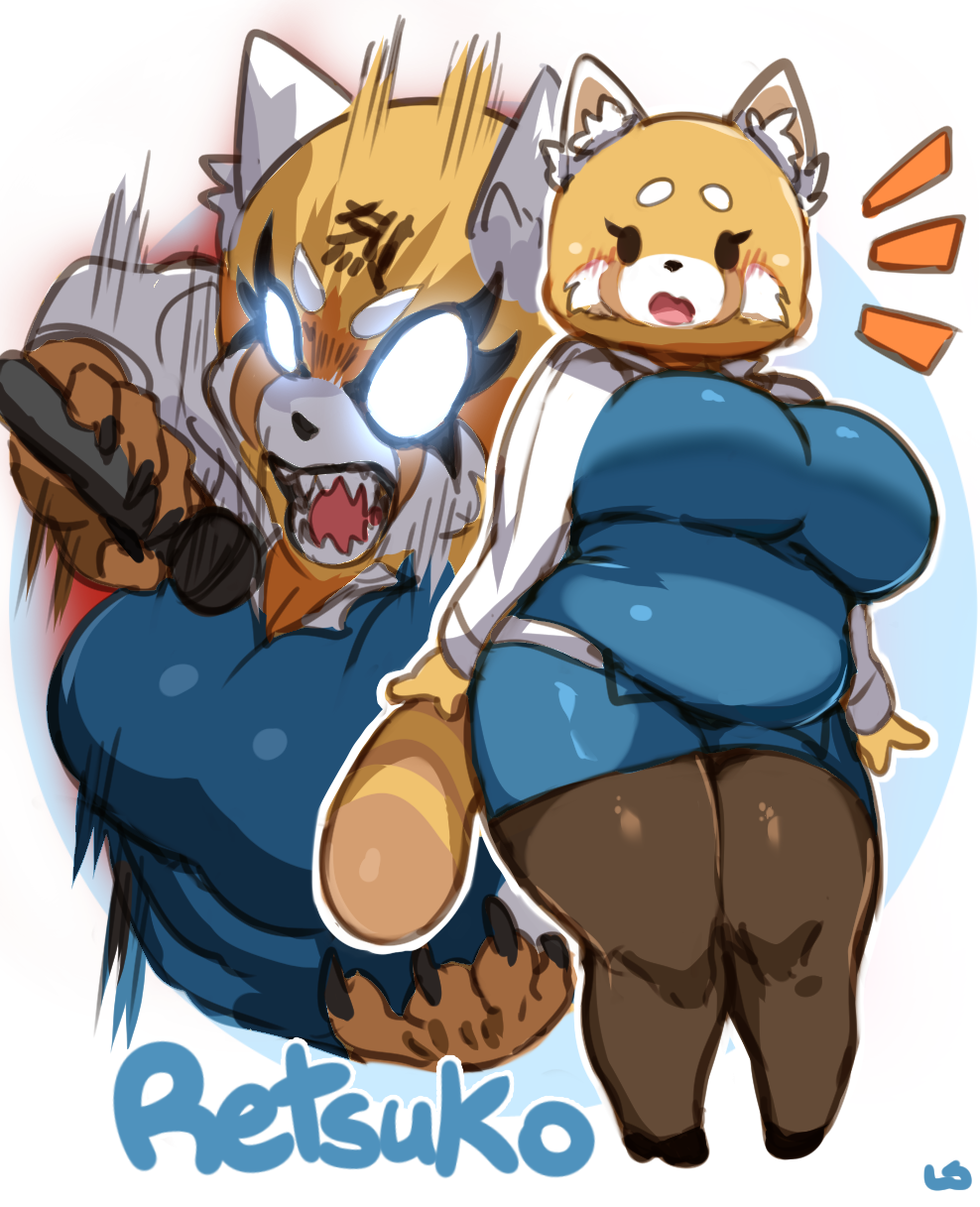 aggressive_retsuko angry arms_at_sides belly belt big_belly blouse blue_blouse blue_skirt blush breasts curvy fangs fat fat_folds fur glowing glowing_eyes heavy_metal high_heels highres holding holding_microphone knees large_breasts lightsource long_eyelashes long_sleeves marking_on_cheek markings microphone open_clothes open_mouth open_skirt pantyhose plump possessed red_panda red_panda_ears red_panda_tail retsuko skirt surprised thick_eyebrows thick_thighs thighs undersized_clothes white
