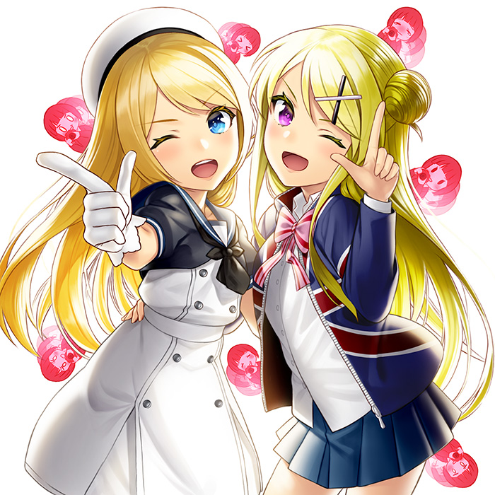 2girls black_sailor_collar blonde_hair blue_eyes blue_jacket blue_skirt commentary_request crossover dress gloves hair_ornament hat jacket jervis_(kantai_collection) kantai_collection kin-iro_mosaic kujou_karen kyon_(fuuran) long_hair long_sleeves multiple_girls one_eye_closed oomiya_shinobu open_clothes open_jacket open_mouth pleated_skirt sailor_collar sailor_dress seiyuu_connection short_sleeves skirt smile touyama_nao union_jack violet_eyes white_background white_gloves white_hat x_hair_ornament