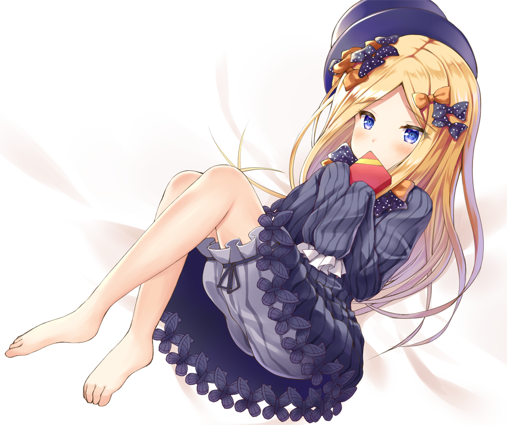 1girl abigail_williams_(fate/grand_order) bangs barefoot bed_sheet black_bow black_dress black_hat blonde_hair bloomers blue_eyes blush bow box bug butterfly commentary_request covered_mouth dress eyebrows_visible_through_hair fate/grand_order fate_(series) full_body gift gift_box hair_bow hat holding holding_gift insect long_hair long_sleeves looking_at_viewer misui orange_bow parted_bangs polka_dot polka_dot_bow sleeves_past_fingers sleeves_past_wrists solo underwear very_long_hair