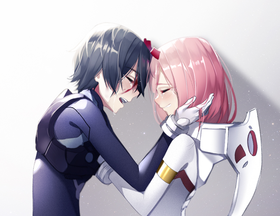 1boy 1girl :d armlet black_bodysuit black_hair blood blood_on_face blush bodysuit broken_horn closed_eyes crying darling_in_the_franxx facing_another forehead-to-forehead from_side gradient gradient_background grey_background hand_on_another's_cheek hand_on_another's_face happy_tears hiro_(darling_in_the_franxx) light_particles long_hair open_mouth parted_lips pilot_suit pink_hair shiny shiny_clothes shiny_hair smile tears the_cold upper_body white_bodysuit zero_two_(darling_in_the_franxx)
