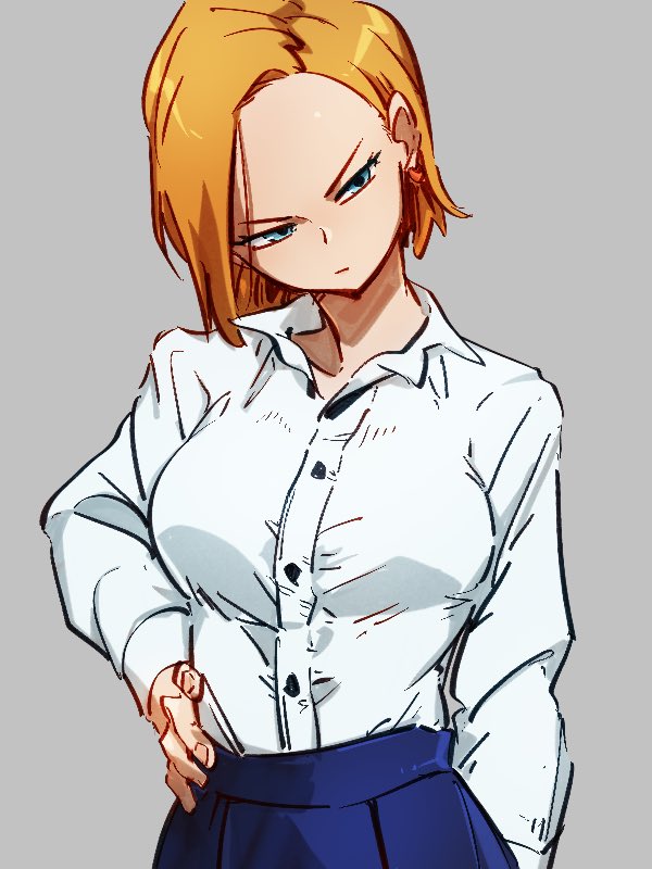 1girl alternate_costume android_18 blonde_hair blue_eyes blue_pants closed_mouth dragon_ball dragon_ball_z grey_background hand_on_hip kemachiku long_sleeves pants shirt short_hair simple_background solo white_shirt