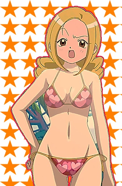 ahoge bare_shoulders bikini blonde_hair brown_eyes collarbone female hand_on_hip long_hair looking_at_viewer navel ojamajo_doremi open_mouth signature solo star starry_background swimsuit tamaki_reika