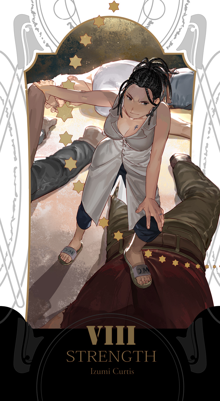 1girl 3boys black_hair breast_tattoo breasts character_name cleavage collarbone defeat fullmetal_alchemist hairlocs hand_on_own_knee highres holy_pumpkin izumi_curtis jewelry looking_at_viewer multiple_boys ring sandals smile solo_focus star stepped_on tarot tattoo toes unbuttoned wedding_ring