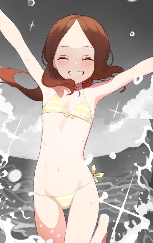 1girl ^_^ arms_up bangs barefoot beach bikini brown_hair closed_eyes doremi fate/grand_order fate_(series) flat_chest front-tie_bikini front-tie_top grin leg_up leonardo_da_vinci_(fate/grand_order) long_hair navel outdoors outstretched_arms parted_bangs side-tie_bikini sidelocks smile solo splashing spot_color standing standing_on_one_leg striped striped_bikini swimsuit wading yellow_bikini younger
