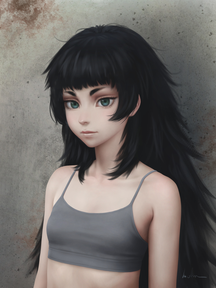 1girl black_hair breasts eyebrows gohpot green_eyes hiyajou_maho lips long_hair messy_hair nose petite realistic small_breasts steins;gate steins;gate_zero wall