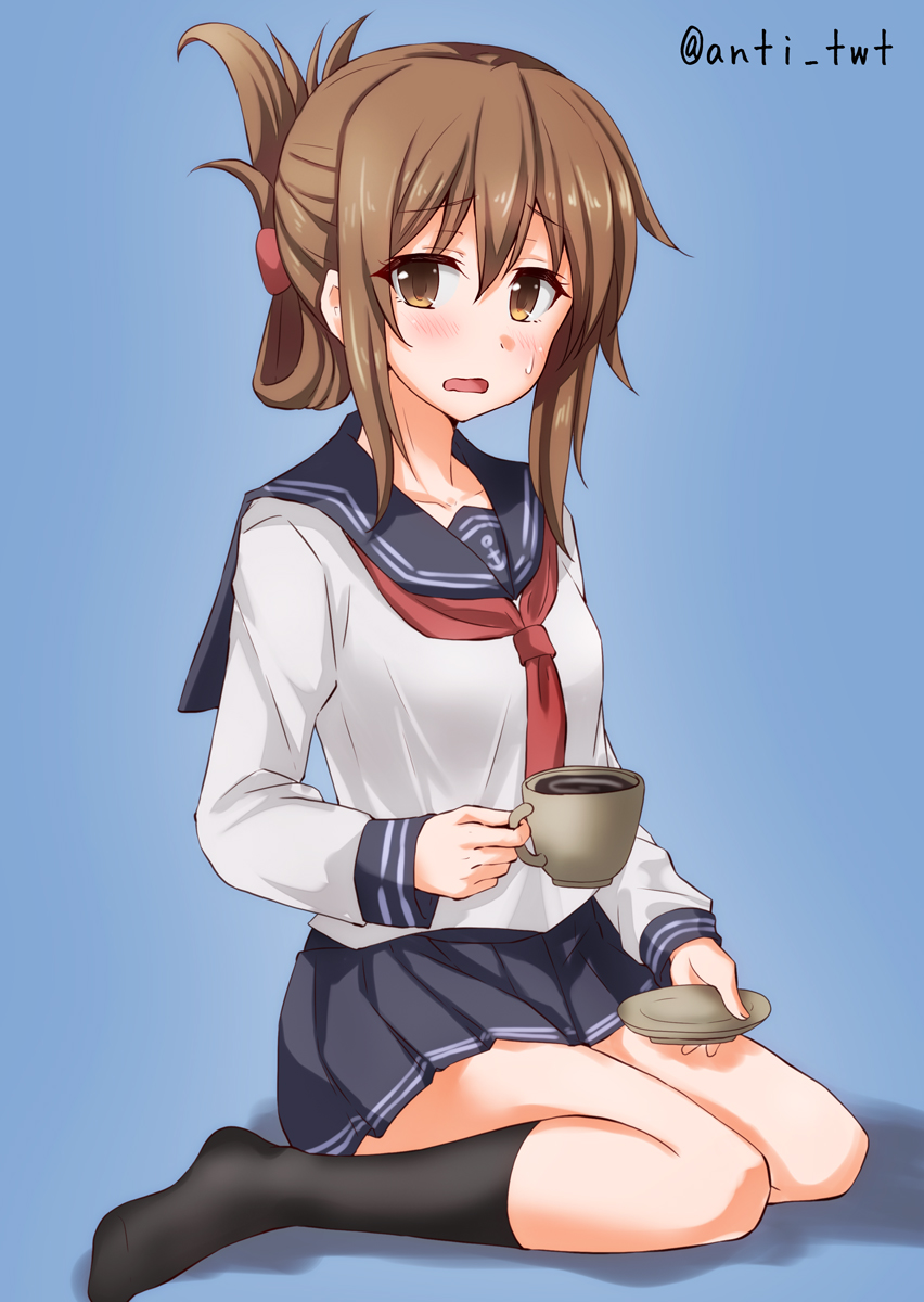 1girl anchor_symbol anti_(untea9) black_legwear black_sailor_collar black_skirt blue_background brown_hair commentary_request cup folded_ponytail hair_ornament hairclip highres inazuma_(kantai_collection) kantai_collection kneehighs long_hair looking_at_viewer neckerchief open_mouth pleated_skirt red_neckwear sailor_collar saucer school_uniform serafuku simple_background sitting skirt solo teacup twitter_username wariza