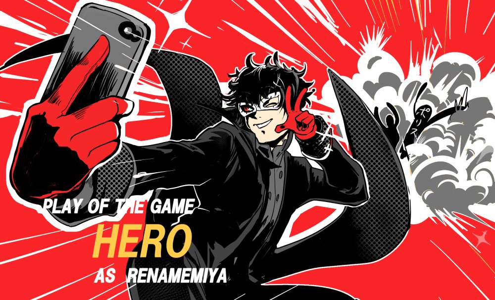 1boy ;d amamiya_ren black_hair cellphone d.va_(overwatch) english gloves male_focus mask one_eye_closed open_mouth overwatch parody persona persona_5 phone play_of_the_game red_background self_shot simple_background smartphone smile sparkle v