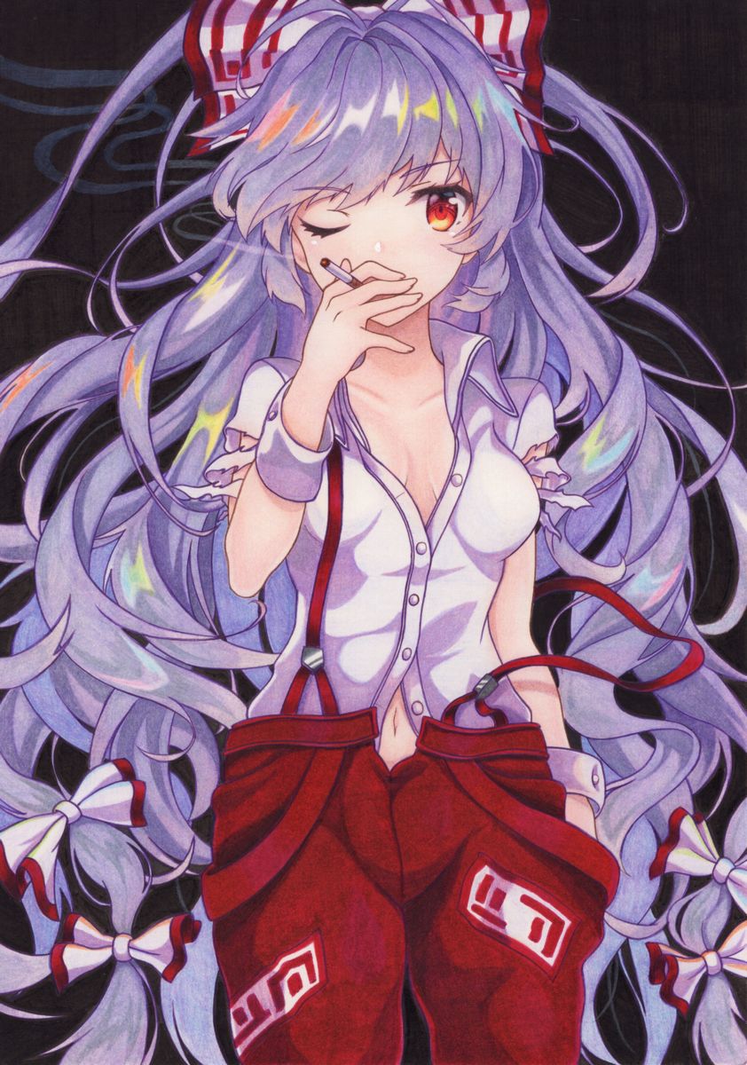 1girl black_background blue_hair bow breasts cigarette cleavage collarbone covering_mouth eyebrows_visible_through_hair fujiwara_no_mokou hair_bow hand_in_pocket hand_over_own_mouth highres kittona long_hair looking_at_viewer low-tied_long_hair medium_breasts messy_hair millipen_(medium) navel ofuda one_eye_closed red_eyes shiny shiny_hair simple_background smoke smoking solo suspenders suspenders_slip torn_clothes torn_sleeves touhou traditional_media unbuttoned unbuttoned_pants unbuttoned_shirt very_long_hair watercolor_(medium) watercolor_pencil_(medium) wing_collar wrist_cuffs