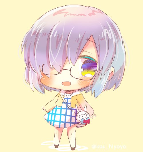 1girl :d bag bangs black-framed_eyewear black_footwear blush bow chibi commentary_request dress eyebrows_visible_through_hair fate/grand_order fate_(series) fou_(fate/grand_order) full_body glasses hair_over_one_eye jacket kouu_hiyoyo long_sleeves mash_kyrielight open_clothes open_jacket open_mouth plaid plaid_dress purple_hair red_bow semi-rimless_eyewear short_hair shoulder_bag smile solo standing twitter_username under-rim_eyewear violet_eyes white_dress yellow_background yellow_jacket