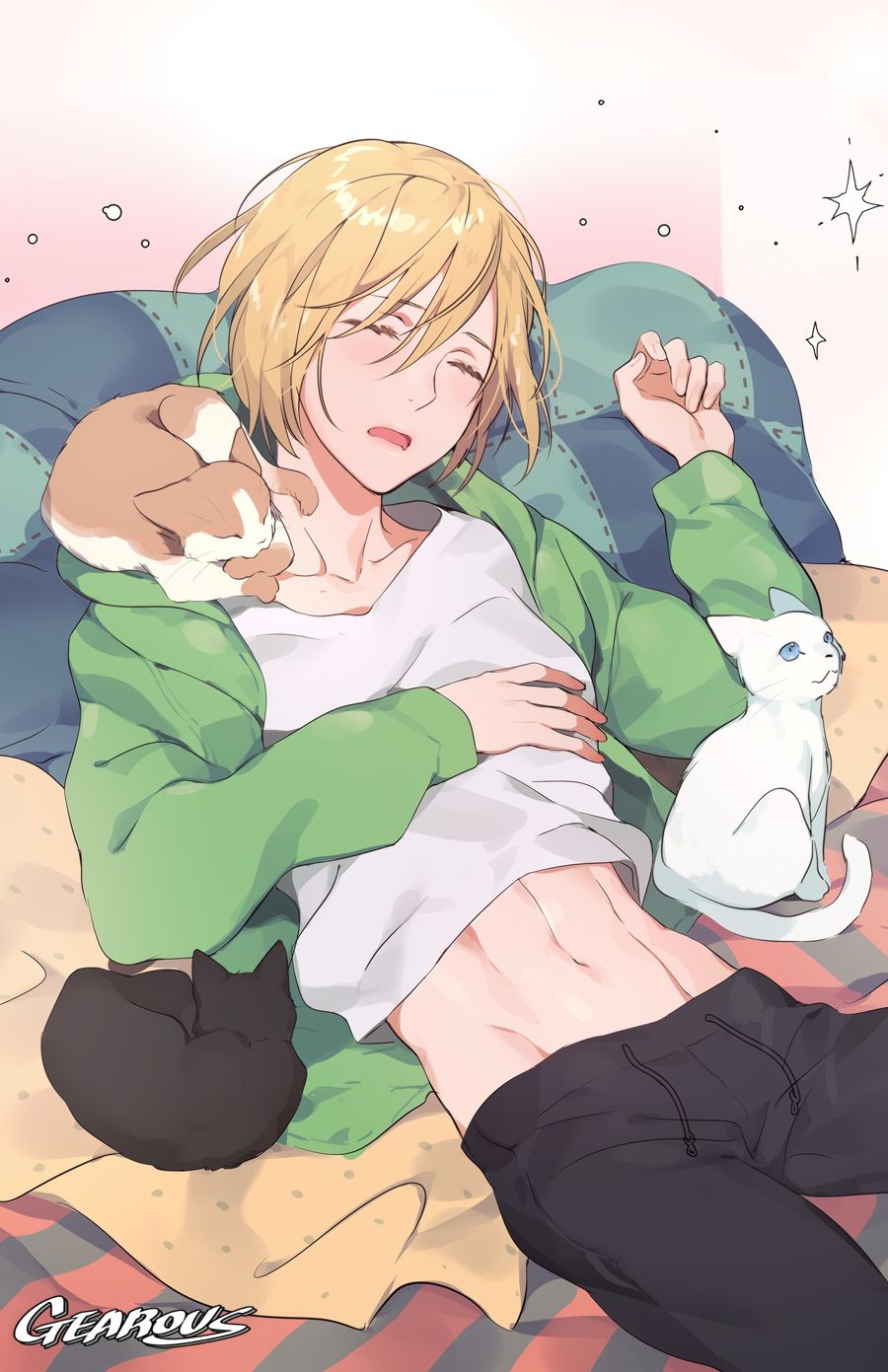 1boy artist_name blanket blonde_hair cat closed_eyes drooling gearous highres hood hoodie lying male_focus midriff navel on_back pants sleeping track_pants yuri!!!_on_ice yuri_plisetsky