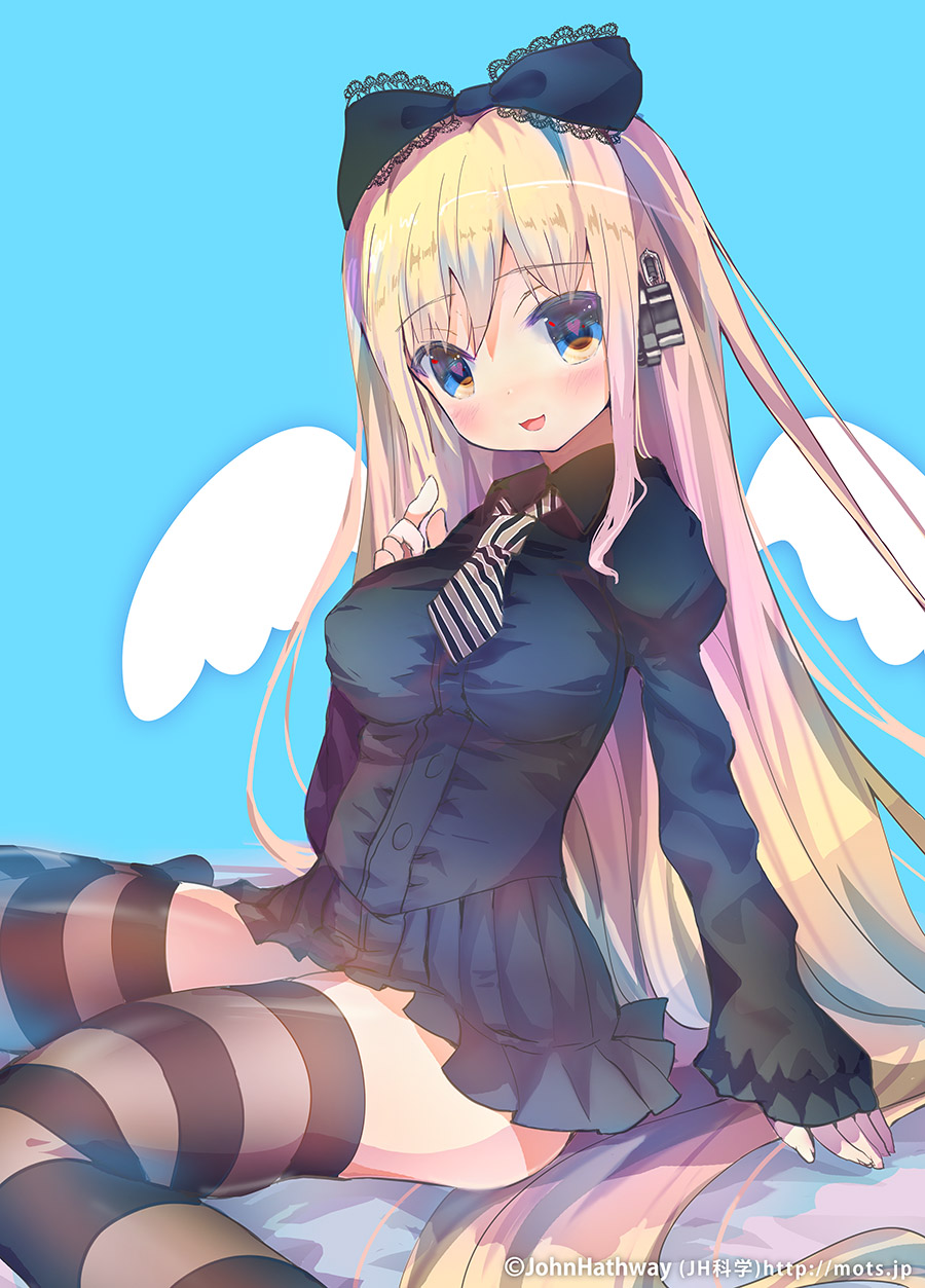 1girl :3 :d bangs black_bow black_dress blonde_hair blue_background blue_eyes blush bow breasts comiket commentary_request diagonal_stripes dress eyebrows_visible_through_hair fingernails hair_between_eyes hair_bow hair_ornament hand_up head_tilt heart heart-shaped_pupils highres john_hathway juliet_sleeves lace-trimmed_bow lace_trim long_hair long_sleeves looking_at_viewer medium_breasts necktie no_shoes open_mouth original pleated_dress puffy_sleeves short_necktie sitting sleeves_past_wrists smile solo striped striped_legwear striped_neckwear symbol-shaped_pupils thigh-highs very_long_hair wariza white_wings wings