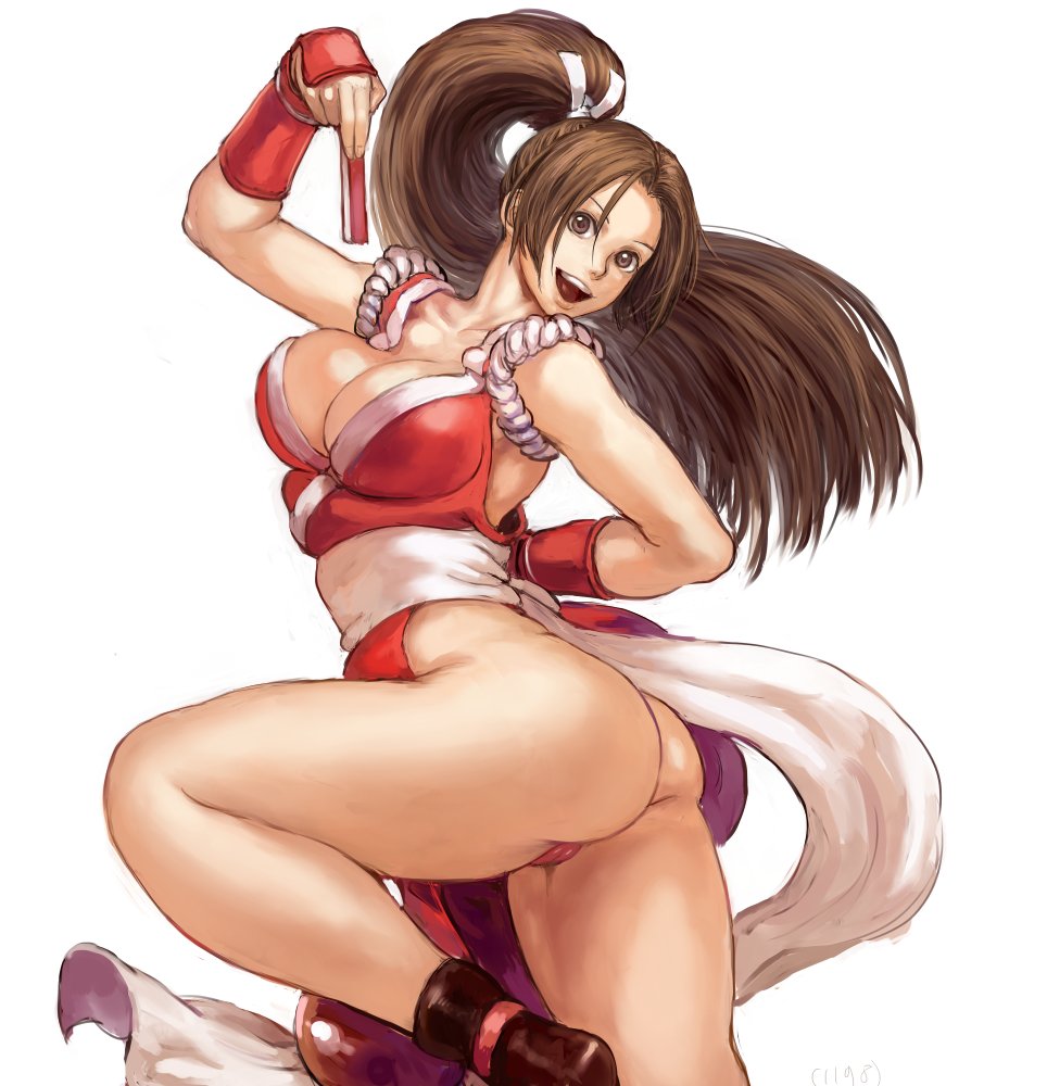 1girl arm_behind_back arm_up ass breasts brown_eyes brown_hair cleavage closed_fan collarbone dress fan fatal_fury folding_fan hair_tie high_ponytail japanese_clothes large_breasts legs looking_back mikanman ninja open_mouth pelvic_curtain ponytail revealing_clothes rope shiranui_mai sleeveless sleeveless_dress smile tabi the_king_of_fighters thighs turning_head wrist_guards