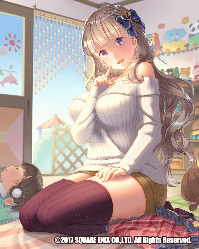 3girls apron_removed bare_shoulders bead_curtain blue_bow bow braid breasts brown_shorts child closed_eyes hair_bobbles hair_bow hair_ornament index_finger_raised inside large_breasts long_hair lying multiple_girls no_shoes official_art on_back open_mouth ribbed_sweater shorts sitting sleeping sweater thigh-highs tomiwo venus_rumble very_long_hair violet_eyes watermark