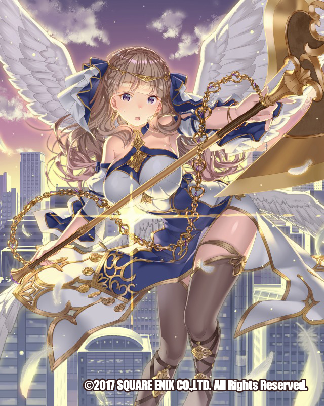 1girl angel_wings axe braid breasts brown_eyes brown_hair building circlet clouds feathers flying holding holding_axe large_breasts long_hair looking_at_viewer official_art outdoors skyline skyscraper solo sparkle tomiwo twilight venus_rumble white_feathers white_wings wings