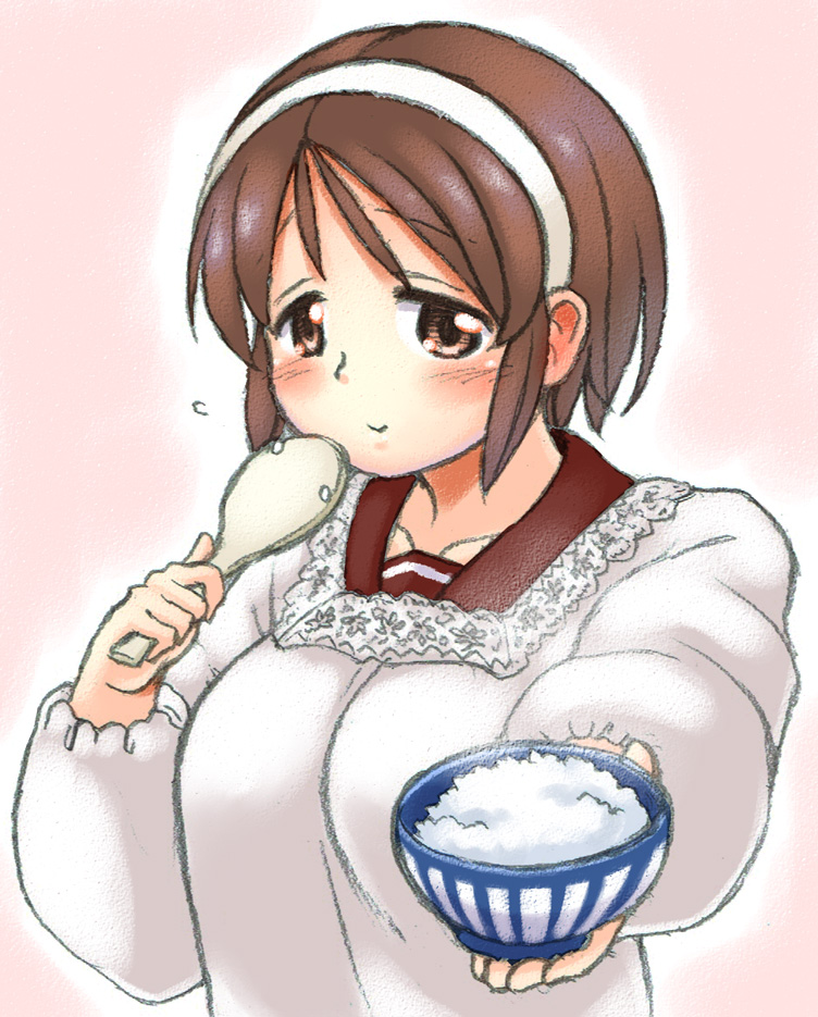 1girl :&gt; blush bowl breasts brown_eyes brown_hair closed_mouth collarbone commentary_request eyebrows eyebrows_visible_through_hair flying_sweatdrops fukidamari_no_peke hairband holding holding_bowl kantai_collection kappougi large_breasts long_sleeves natori_(kantai_collection) outstretched_arm red_sailor_collar rice rice_bowl sailor_collar smile solo tareme upper_body white_hairband