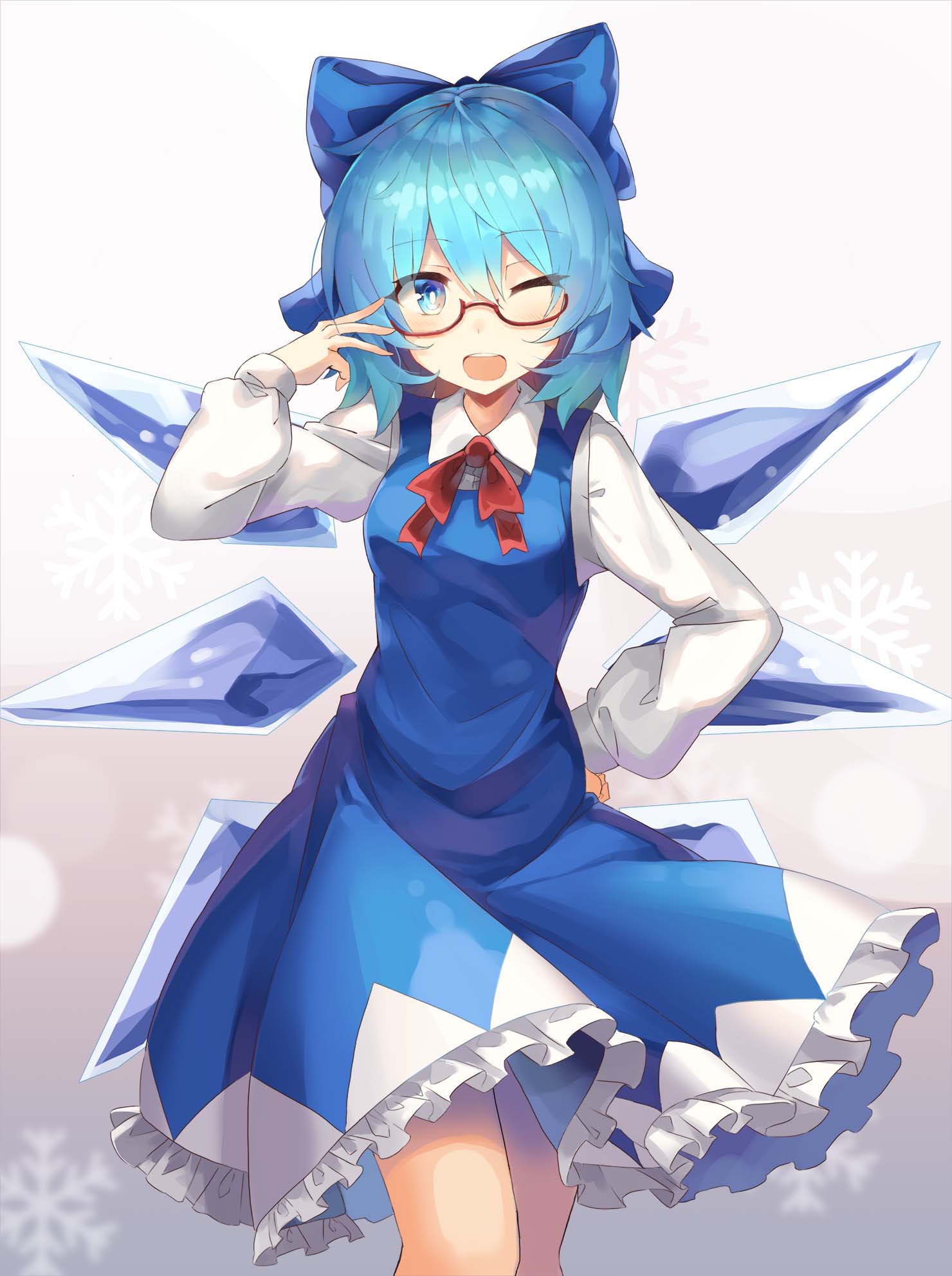 1girl ;o bespectacled blue_bow blue_dress blue_eyes blue_hair blush bow breasts cirno commentary_request dress eyebrows_visible_through_hair feet_out_of_frame glasses gradient gradient_background grey_background hair_between_eyes hair_bow hand_on_hip highres ice ice_wings long_sleeves looking_at_viewer medium_breasts neck_ribbon one_eye_closed open_mouth petticoat red-framed_eyewear red_neckwear red_ribbon ribbon rin_falcon shirt short_hair snowflakes solo standing touhou white_background white_shirt wing_collar wings