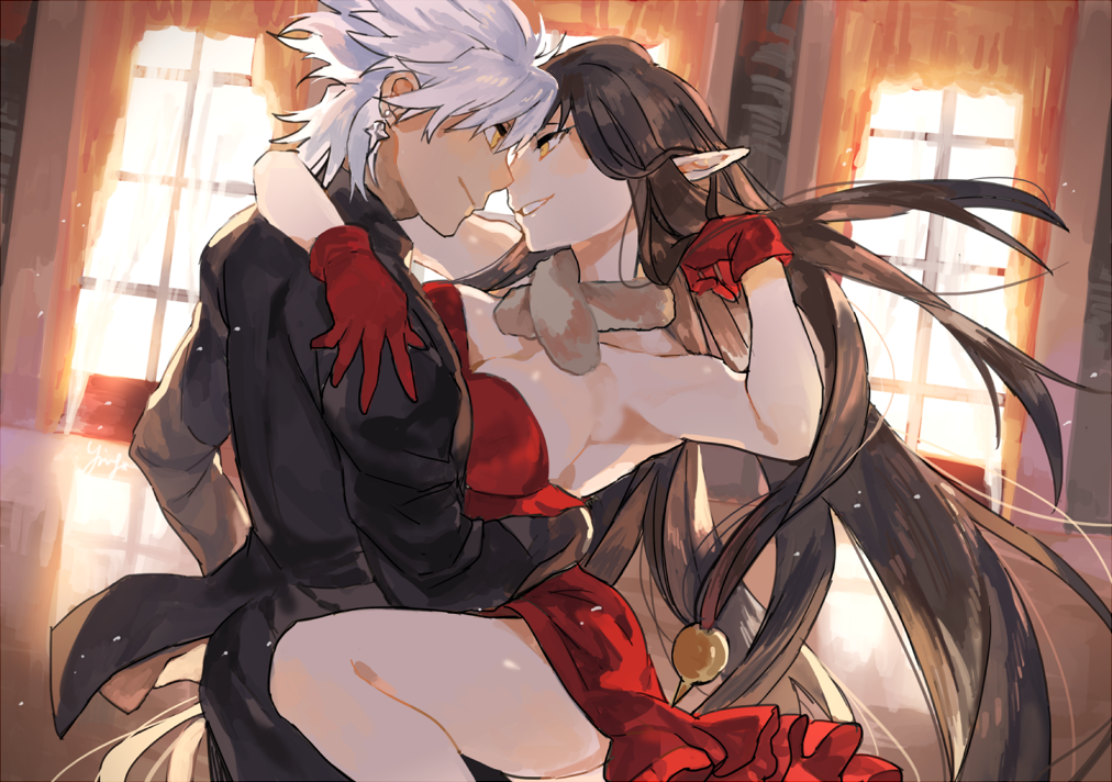 1boy 1girl alternate_costume amakusa_shirou_(fate) black_hair cocktail_dress dark_skin dress earrings fate/apocrypha fate_(series) formal fur_trim gloves hand_around_neck hand_on_another's_hip hand_on_another's_shoulder jewelry leg_up looking_at_another pointy_ears red_dress red_gloves semiramis_(fate) strapless strapless_dress suit white_hair window yellow_eyes yinghuo