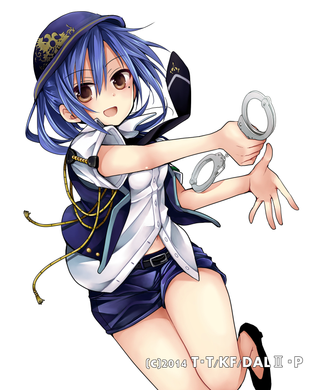 1girl :d bangs belt black_footwear black_neckwear blue_hair blue_hat blue_shorts brown_eyes cuffs date_a_live dress_shirt eyebrows_visible_through_hair floating_hair hair_between_eyes handcuffs hat hibiki_mio holding long_hair looking_at_viewer midriff mole mole_under_eye navel necktie one_leg_raised open_mouth pumps shirt short_shorts short_sleeves shorts simple_background smile solo stomach swept_bangs takamiya_mana white_background white_shirt