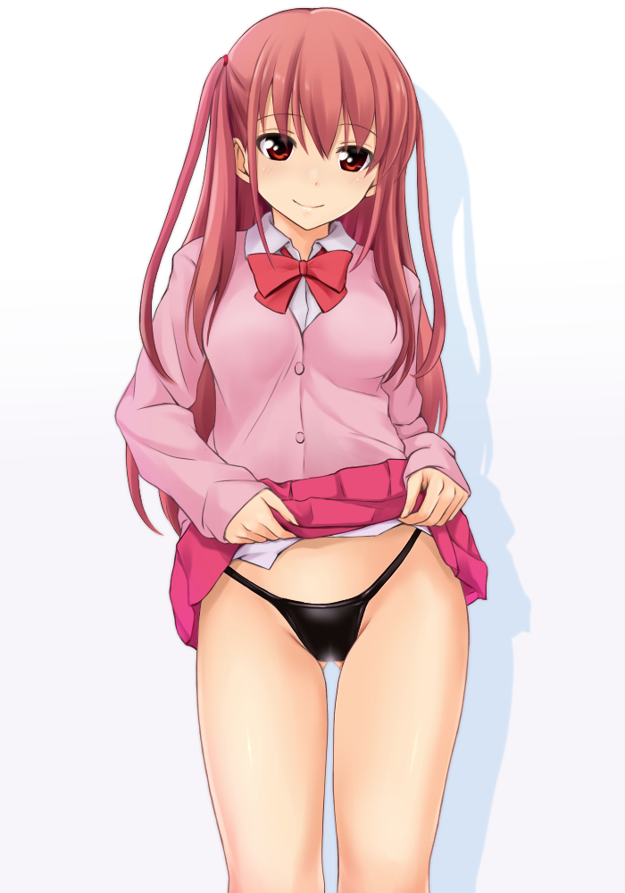 1girl atarashi_ako bangs black_panties blush breasts cardigan closed_mouth cowboy_shot eyebrows_visible_through_hair lifted_by_self long_hair medium_breasts nonaka_ritsu panties pink_hair pink_skirt pleated_skirt red_eyes saki saki_achiga-hen school_uniform shadow skirt smile solo thighs two_side_up underwear