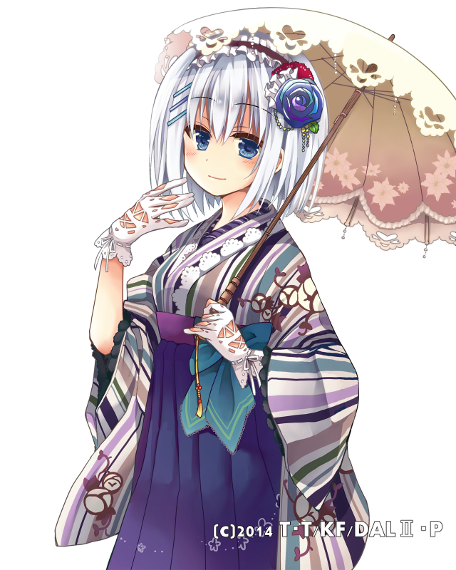 1girl bangs blue_eyes blue_flower blue_hakama blush cowboy_shot date_a_live eyebrows_visible_through_hair flower gloves hair_between_eyes hair_flower hair_ornament hairband hakama hibiki_mio holding holding_umbrella japanese_clothes kimono lolita_hairband long_hair looking_at_viewer silver_hair simple_background solo standing tobiichi_origami umbrella white_background white_gloves white_umbrella