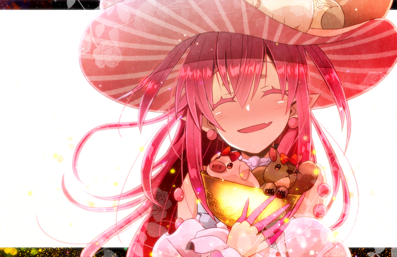 1girl bare_shoulders blush bow closed_eyes earrings elizabeth_bathory_(fate) elizabeth_bathory_(fate)_(all) fang fate/grand_order fate_(series) hat holy_grail jewelry long_hair mizuchaya_youkan pink_hair pointy_ears smile solo striped_hat stuffed_animal stuffed_pig stuffed_squirrel stuffed_toy top_hat upper_body