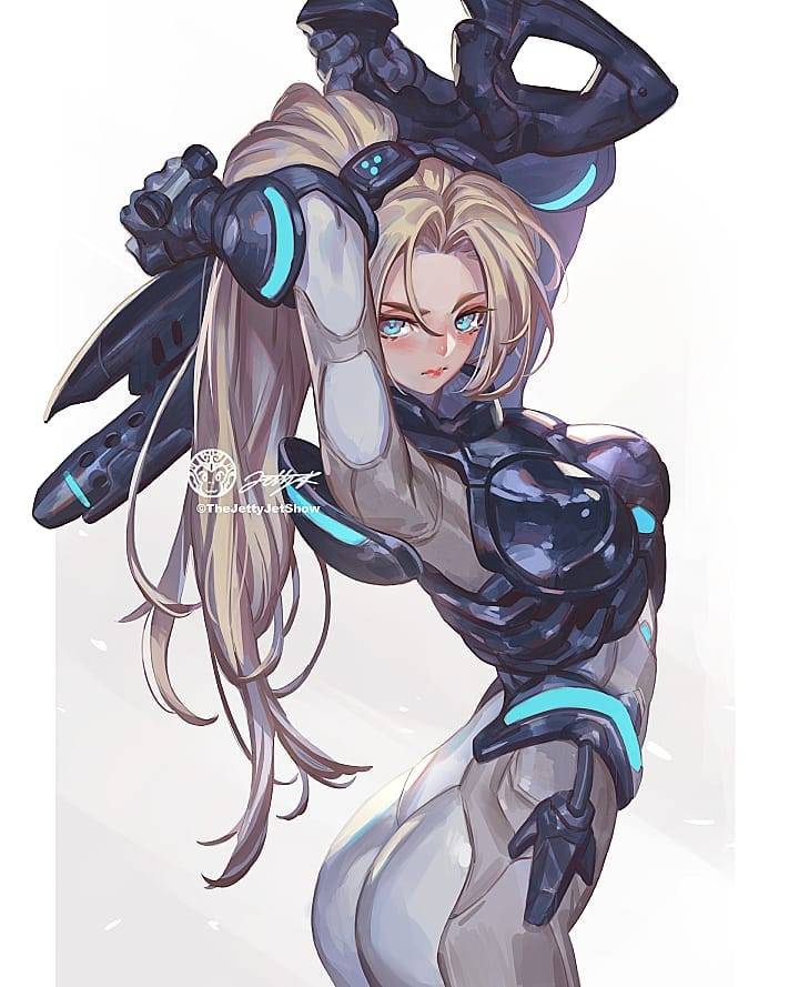 1girl ass blonde_hair blue_eyes bodysuit breasts goggles goggles_on_head gun jet_kimchrea large_breasts long_hair nova_(starcraft) ponytail rifle solo starcraft weapon