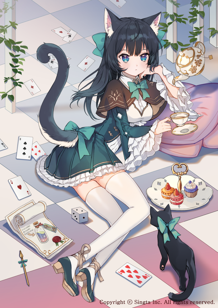 1girl ace_of_diamonds ace_of_hearts ace_of_spades animal animal_ears arm_support bangs black_cat black_hair blue_eyes blush brown_capelet capelet card cat cat_ears cat_girl cat_tail checkered checkered_floor closed_mouth club_(shape) collared_shirt cup cupcake diamond_(shape) dice dress dress_shirt eyebrows_visible_through_hair food frilled_pillow frills green_dress heart holding holding_cup laurelfalcon long_hair long_sleeves looking_at_viewer official_art on_floor panties pillow playing_card pleated_dress saucer shirt sid_story solo spade_(shape) tail teacup teapot thigh-highs underwear white_legwear white_shirt wide_sleeves witch