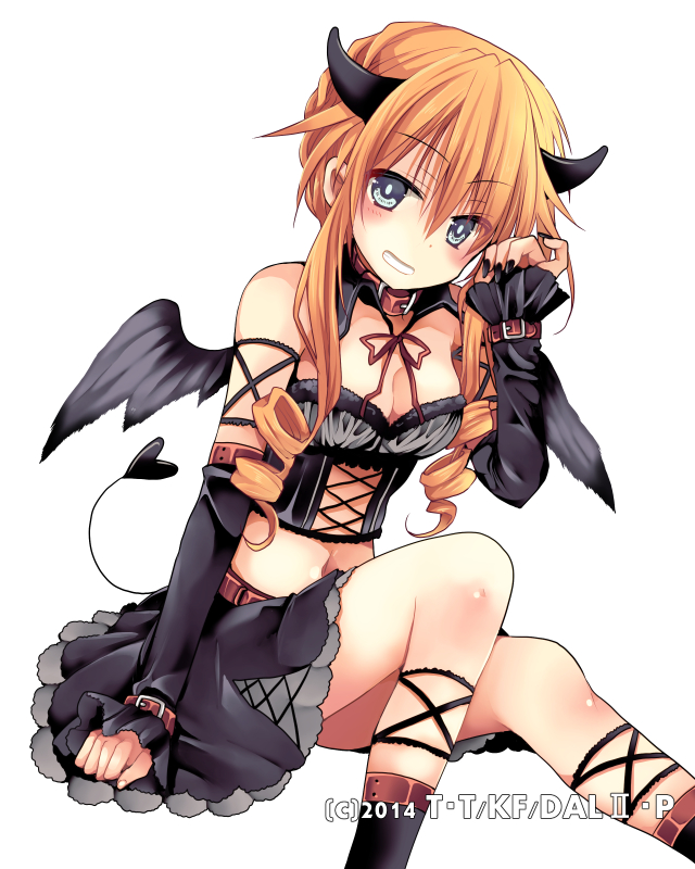 1girl bangs black_nails black_skirt black_wings blush breasts brown_ribbon cleavage collar crop_top date_a_live detached_sleeves drill_hair eyebrows_visible_through_hair grey_eyes hair_between_eyes heart heart_tail hibiki_mio horns invisible_chair looking_at_viewer medium_breasts midriff miniskirt nail_polish navel neck_ribbon orange_hair ribbon shiny shiny_skin simple_background sitting skirt solo stomach tail twin_drills twintails white_background wings yamai_kaguya