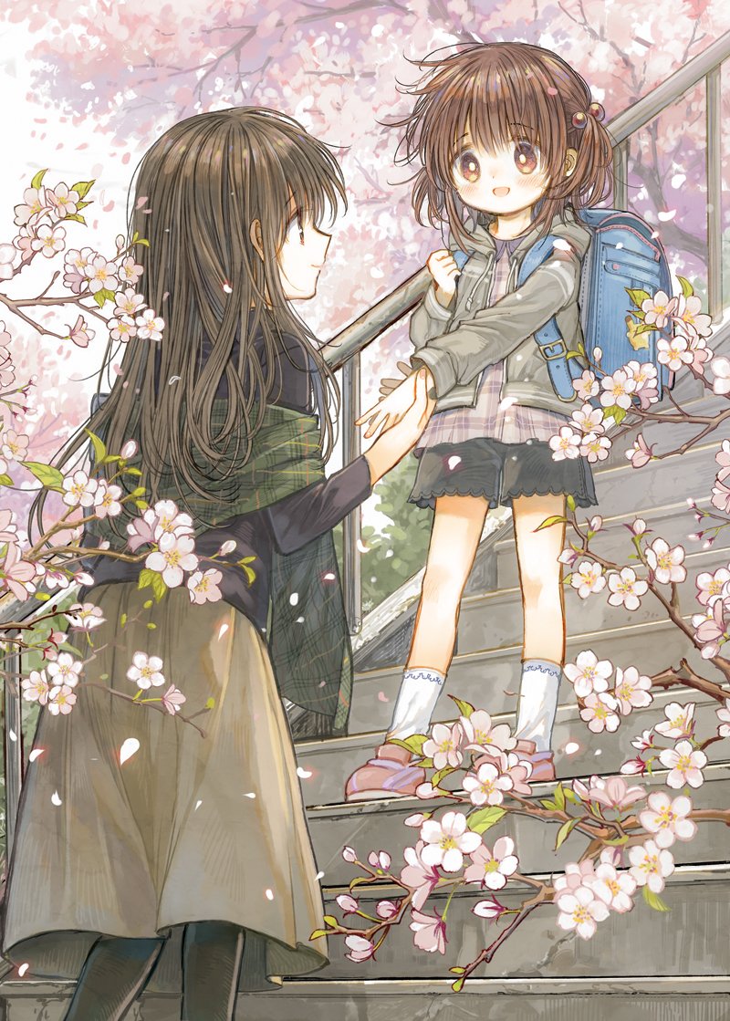 2girls age_difference backpack bag cherry_blossoms child hand_holding itou_hachi long_hair long_skirt multiple_girls original pantyhose randoseru shawl shorts skirt smile tagme