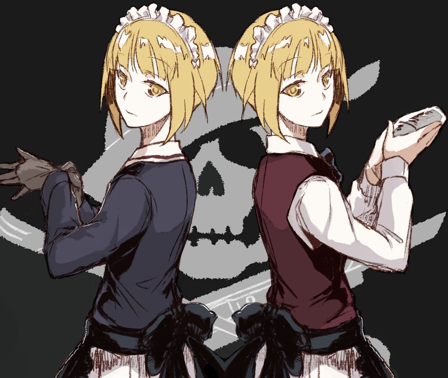 2girls apron back-to-back bangs black_apron black_background black_gloves black_neckwear blonde_hair blue_jacket bow bowtie brown_vest closed_mouth cocktail_shaker commentary cutlass_(girls_und_panzer) dress_shirt dual_persona eyebrows_visible_through_hair from_side frown girls_und_panzer gloves holding jacket looking_at_viewer looking_back maid_headdress multiple_girls ooarai_military_uniform pleated_skirt shirt short_hair skirt skull_and_crossbones standing symmetry vest waist_apron white_shirt white_skirt yellow_eyes yuuyu_(777)