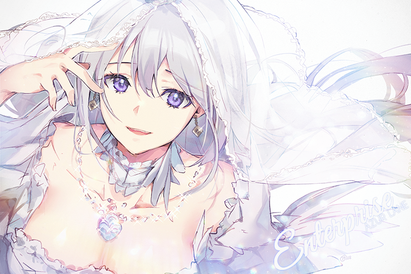 1girl azur_lane bangs blush breasts bridal_veil character_name choker cleavage collarbone dress earrings enterprise_(azur_lane) eyebrows_visible_through_hair floating_hair hair_between_eyes hand_up jewelry large_breasts light_particles long_hair looking_at_viewer nagu necklace open_mouth pendant sidelocks silver_hair smile solo sparkle veil very_long_hair violet_eyes wedding_dress white_dress