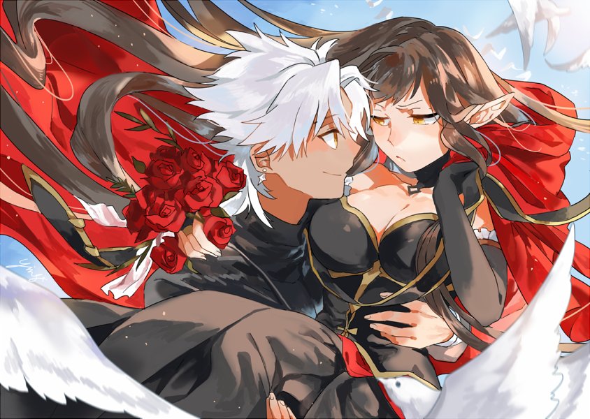 1boy 1girl amakusa_shirou_(fate) artist_request bare_shoulders bird black_dress black_hair blue_sky blush breasts bridal_gauntlets brown_eyes cape carrying cleavage closed_mouth collarbone dark_skin dress earrings eye_contact fate/apocrypha fate_(series) fingernails flower frown hand_on_another's_shoulder holding_clothes jewelry long_dress long_hair looking_at_another pointy_ears princess_carry red_cape red_flower red_rose rose semiramis_(fate) sky smile upper_body white_hair yellow_eyes